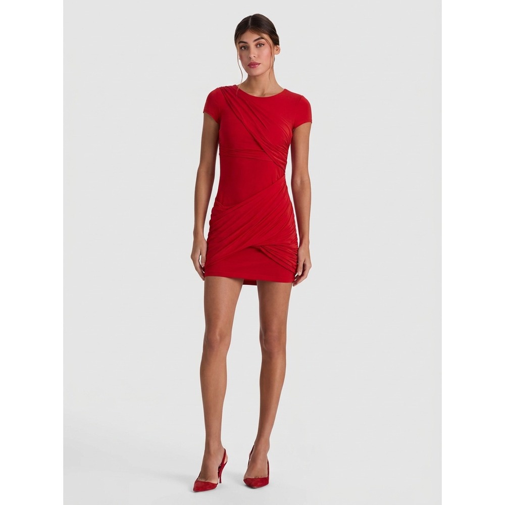 Alice + Olivia Womens Ruched Draped Mini Dress Red Size S Short Sleeve Silk